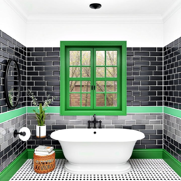 green window frame with stunning black and white bathroom decor