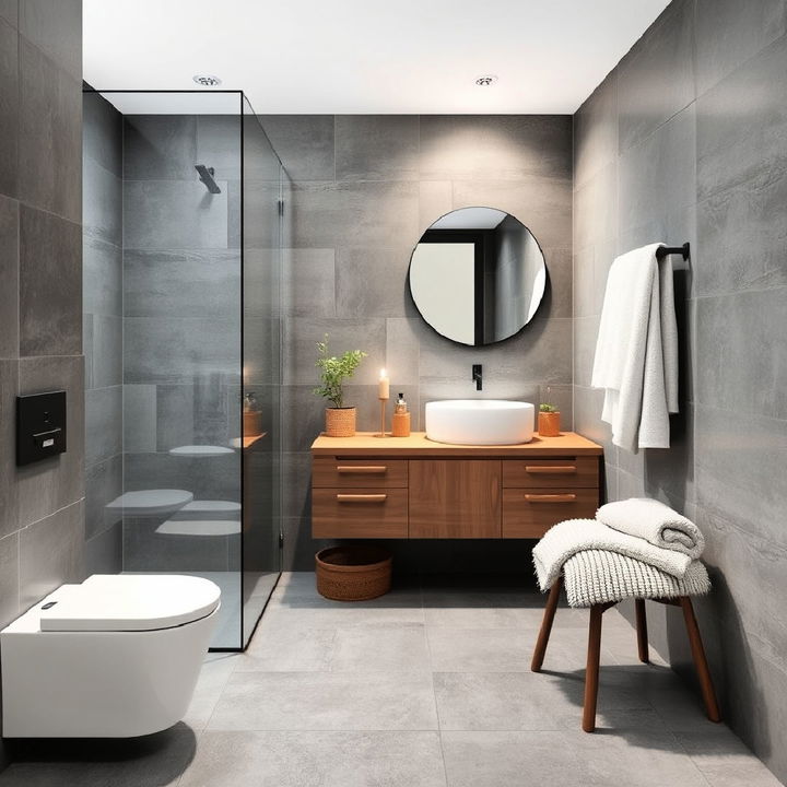 grey concrete look tile bathroom