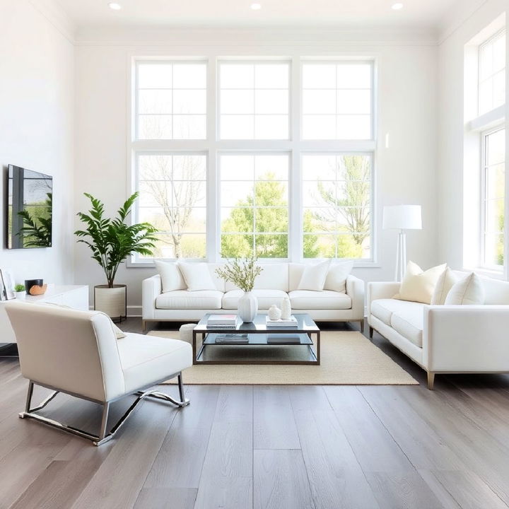 grey floor with crisp white walls living room