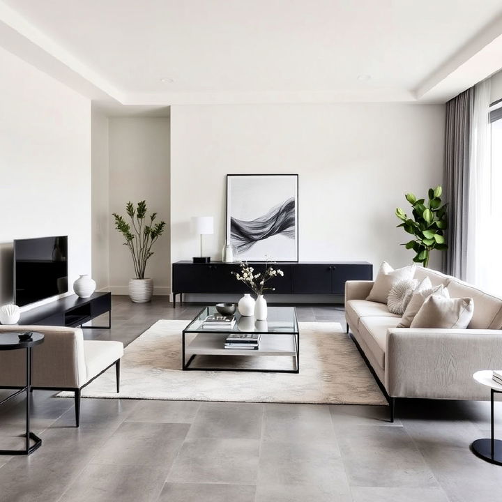 grey floor with minimalist furniture