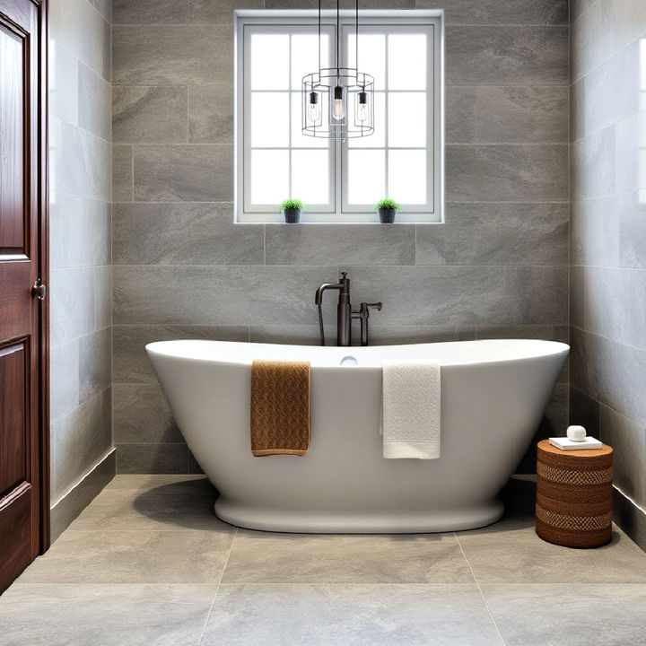 grey limestone tile bathroom