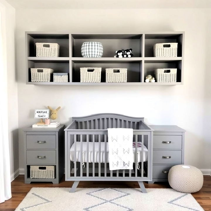 grey shelving with decorative baskets