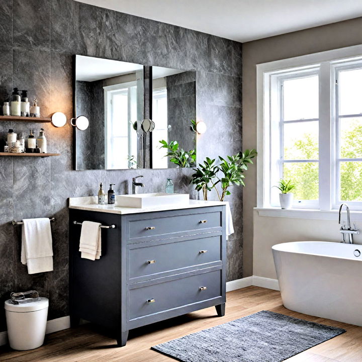 grey vanity with sleek integrated sink