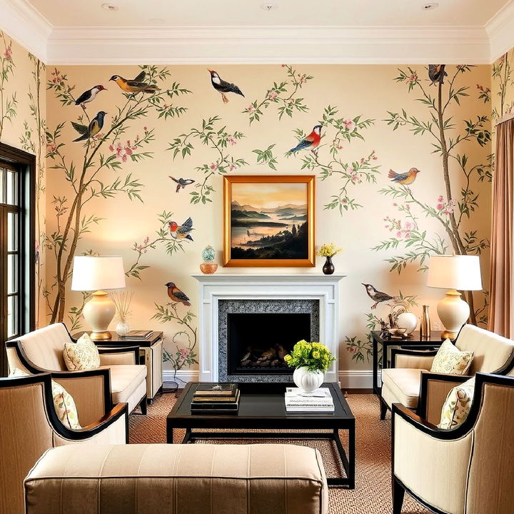 hand painted chinoiserie living room wallpaper