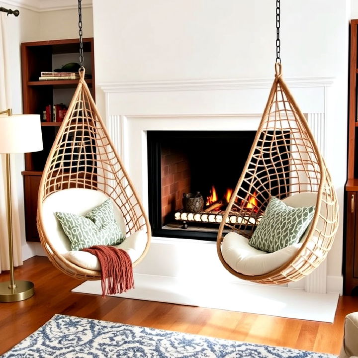 hanging egg chairs fireplace seating