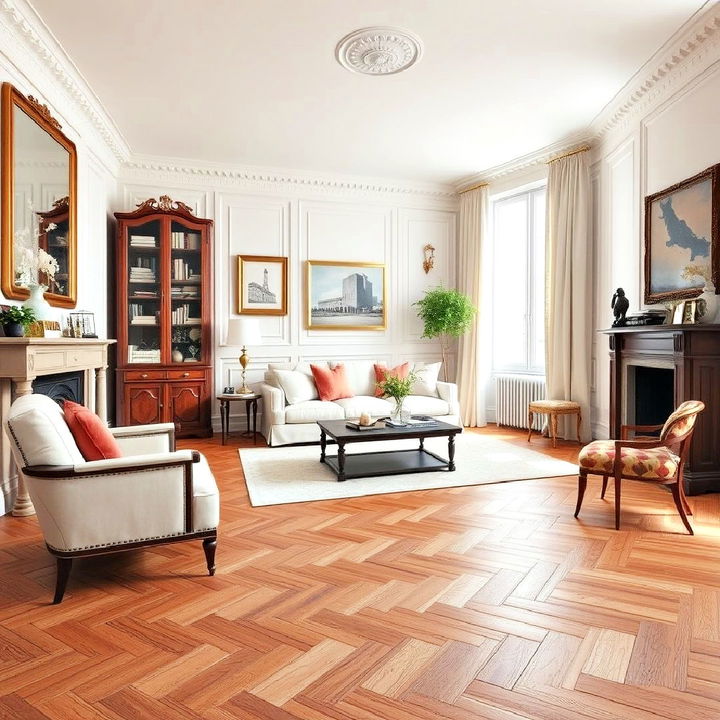 herringbone patterned living room wood flooring