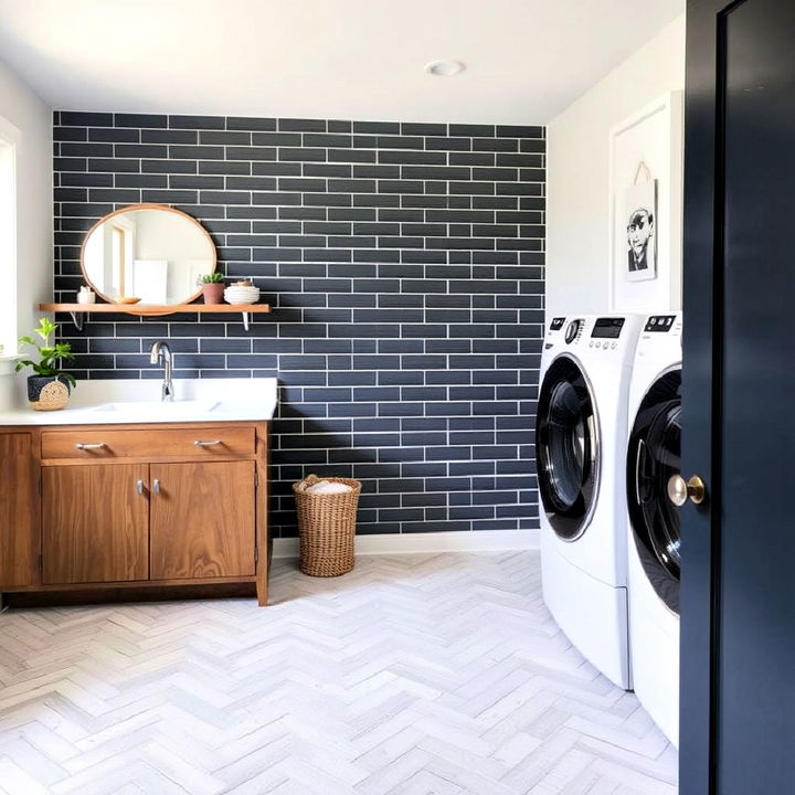 herringbone tile layout laundry room