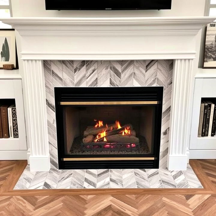 herringbone tile pattern fireplace backsplash