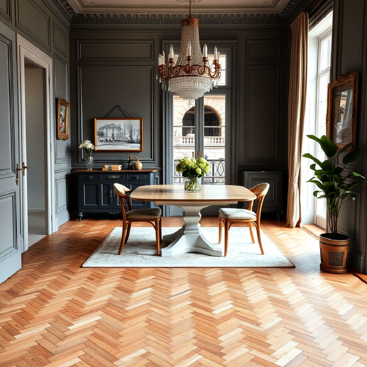 herringbone wood flooring for parisian dining room