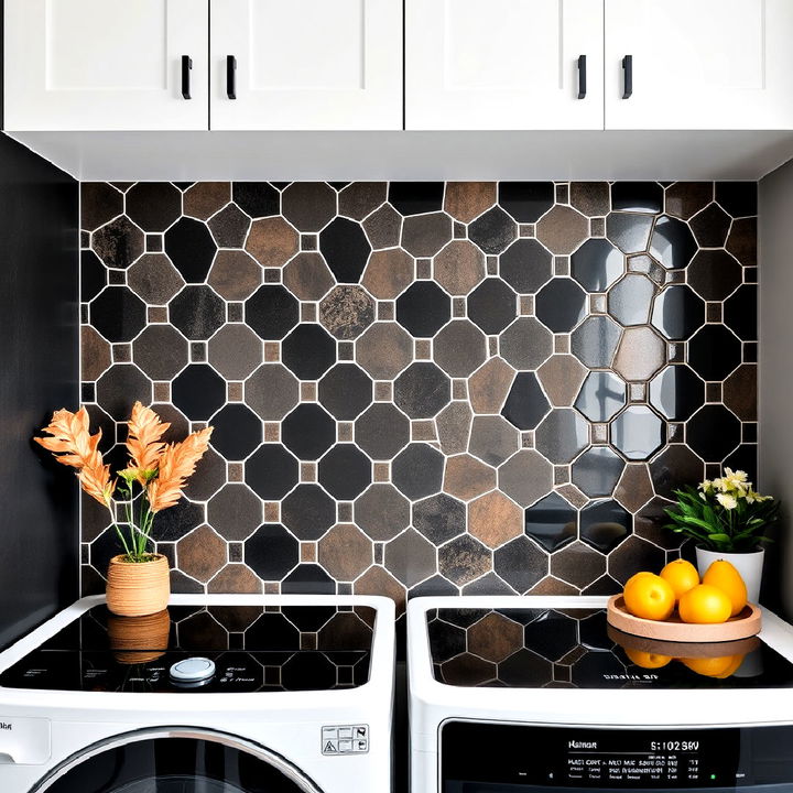 hexagonal tiles back splash to enhance laundry room