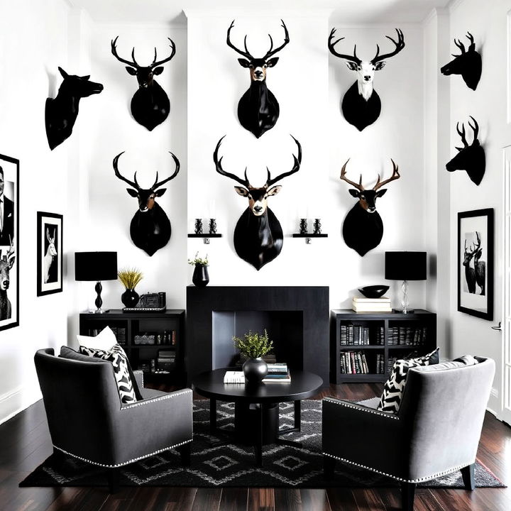 high contrast black and white themed trophy room