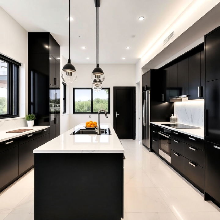 high contrast kitchen with dark cabinets and light countertops