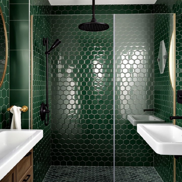 high end dark green hexagon shower tiles