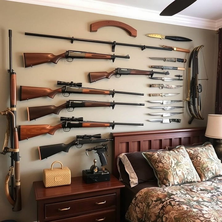 hunting gear display in bedroom