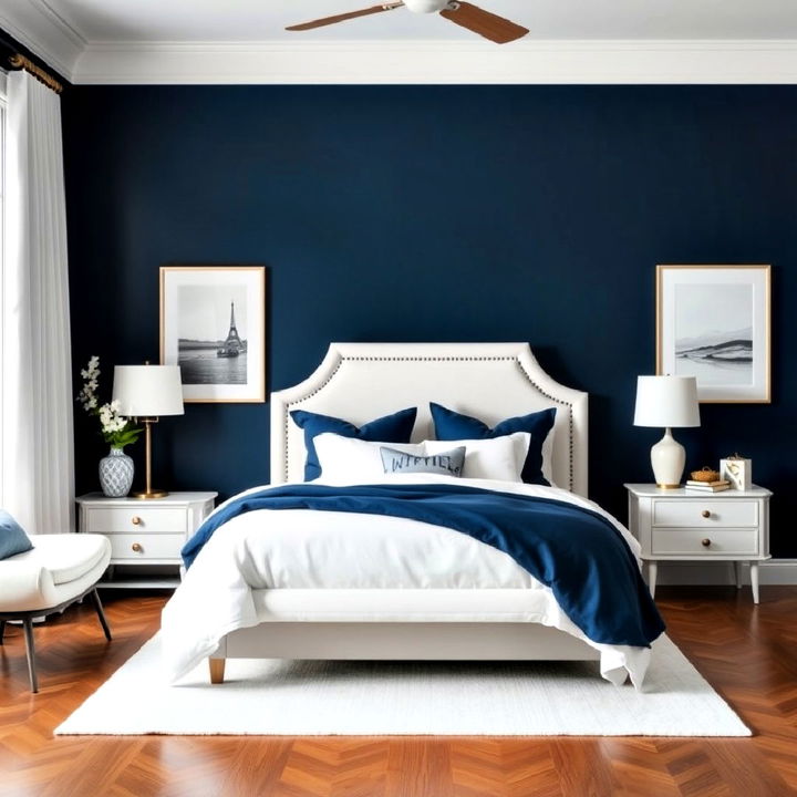 indigo and white contrast bedroom