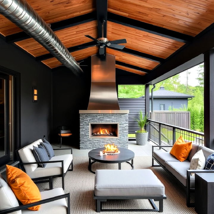 industrial edge deck with metal fireplace