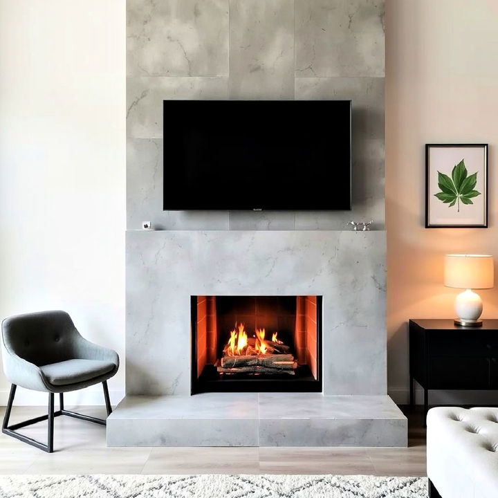 industrial edge stucco fireplace with a concrete finish