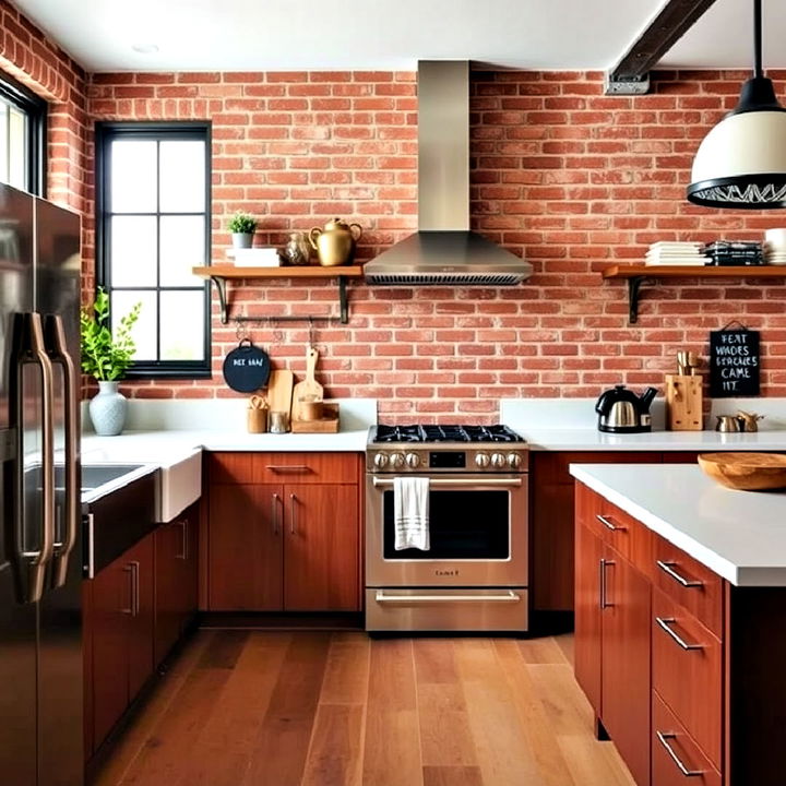 industrial inspired red brick kitchen walls