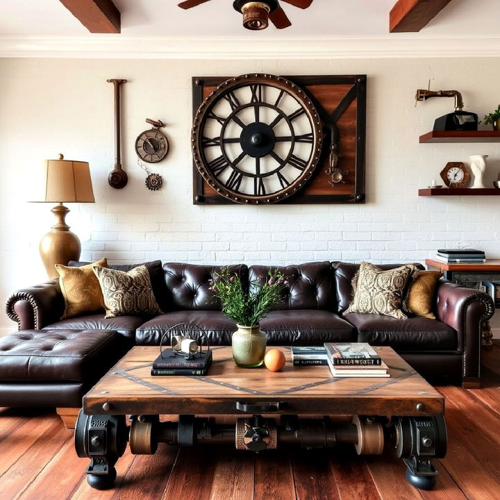 industrial metal accents for steampunk living room