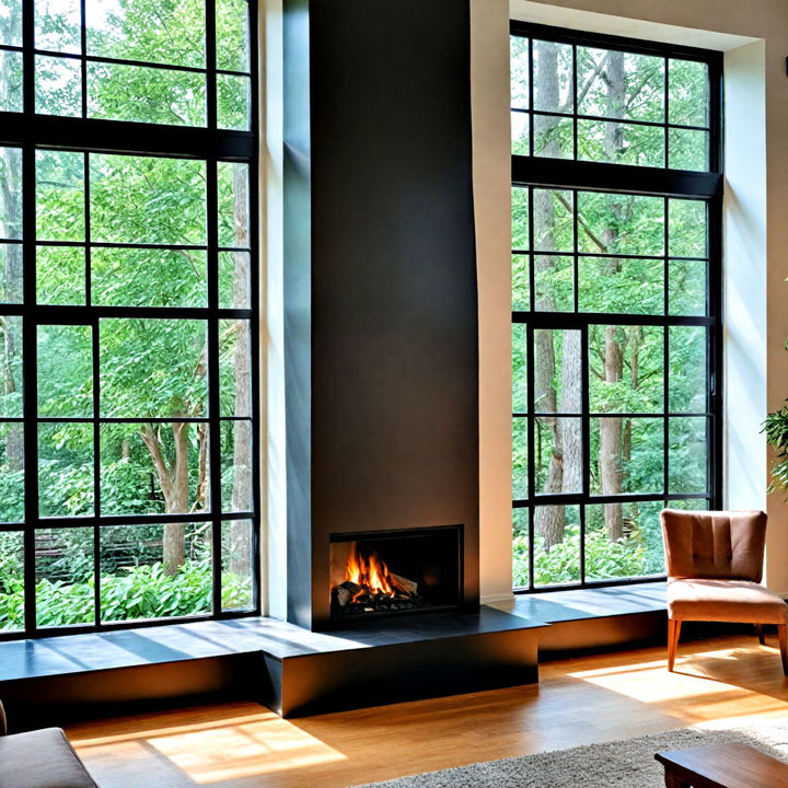 industrial steel fireplace between crittall style windows