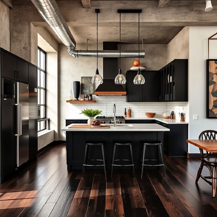 industrial style kitchen with dark wood flooring