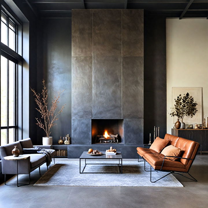 industrial style metal floor to ceiling fireplace