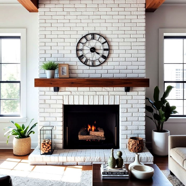 industrial white brick fireplace