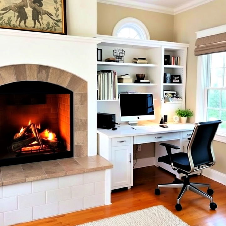 integrated desk area around fireplace