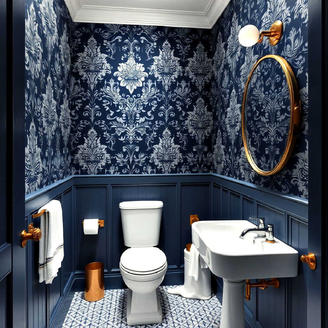 intricate navy blue wallpaper designs for powder room