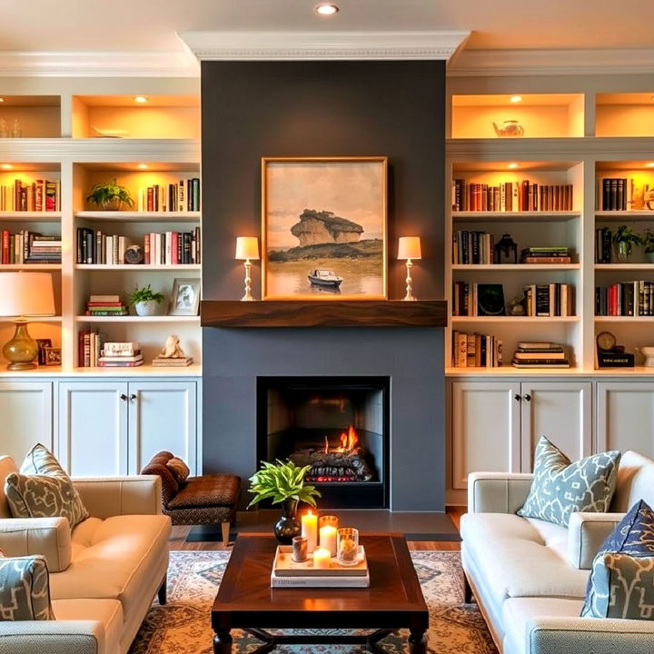 inviting coziness with fireplace and bookshelves