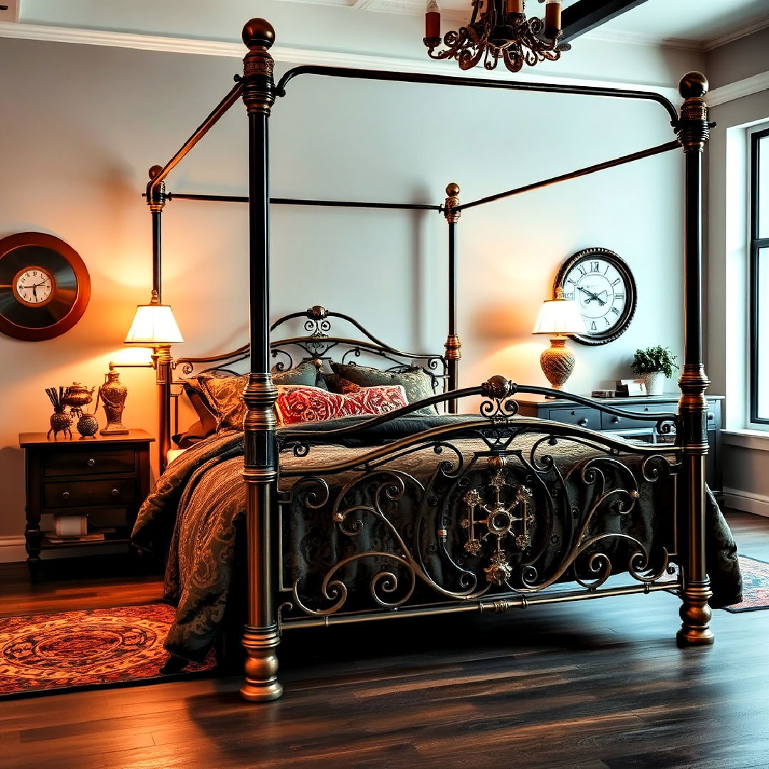 iron or brass bed frame for steampunk bedroom