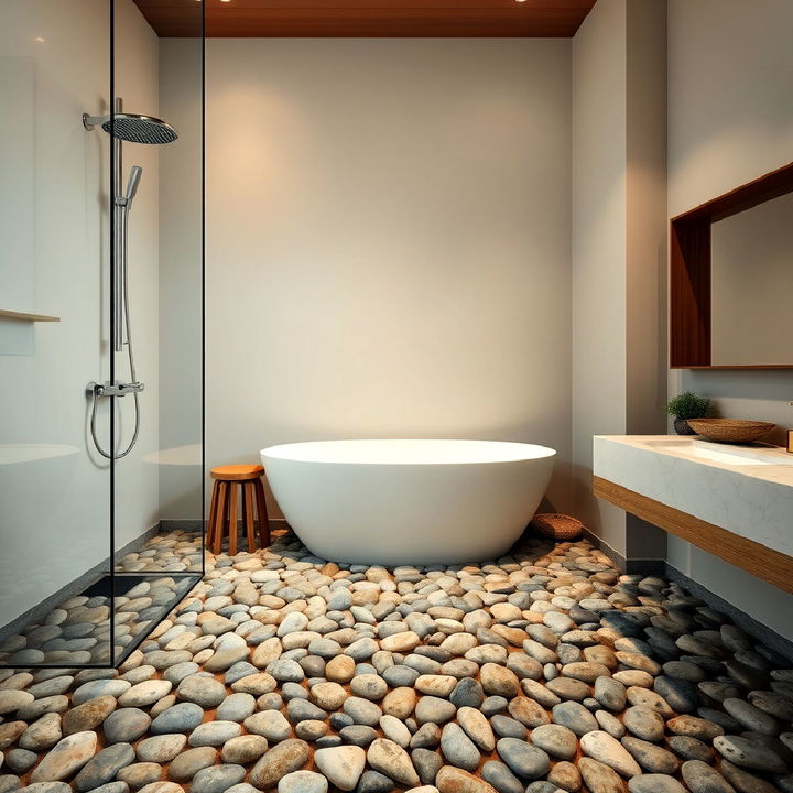 japandi bathroom pebble flooring