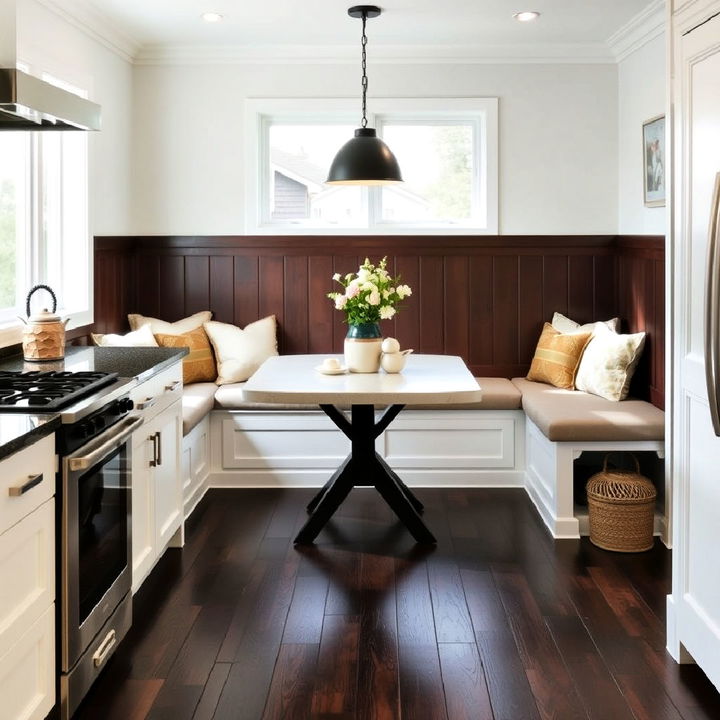 kitchen dark wood floor with built in seating