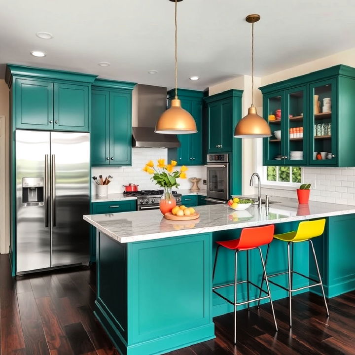 kitchen dark wood flooring with pops of color