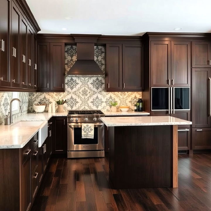 kitchen dark wood floors with patterned tile backsplash