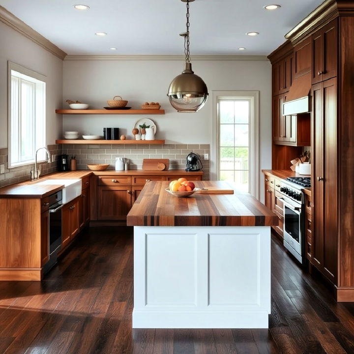 kitchen dark wood floors with warm wood accents