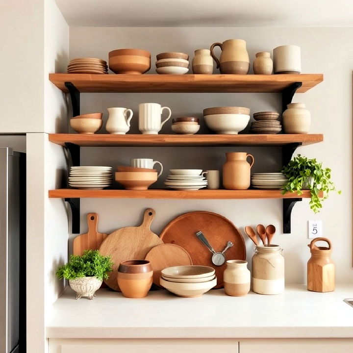 kitchen open shelving with earthenware for a natural display