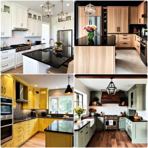 kitchen with dark countertops and light cabinets