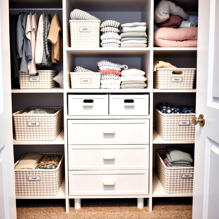 labelled drawers and bins nursery closet