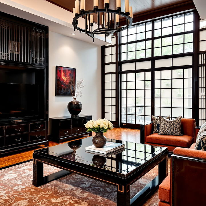 lacquered asian living room furniture for a glossy finish