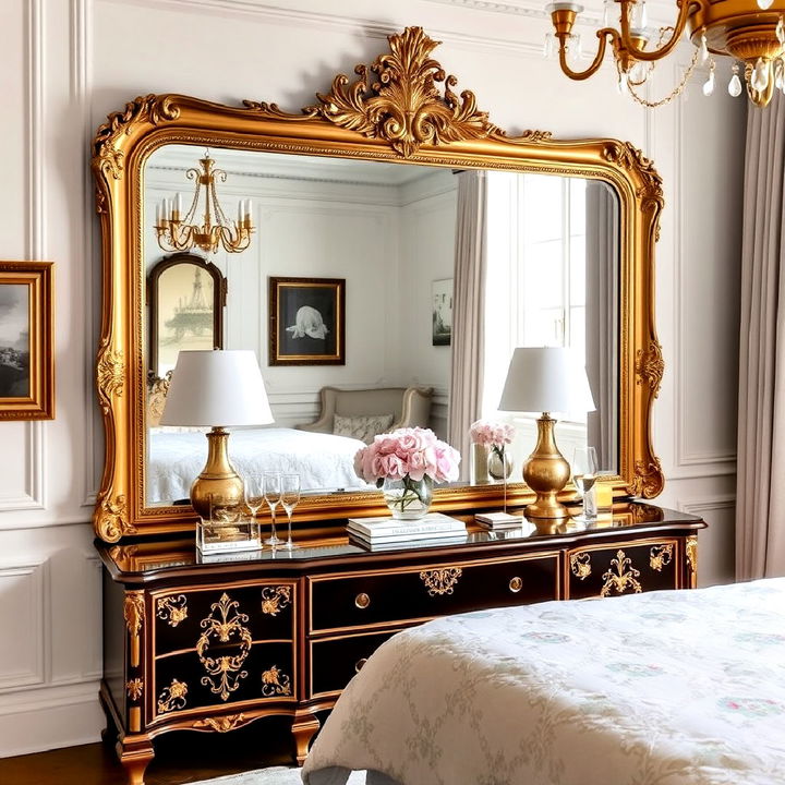 large gilded mirror for paris themed bedroom