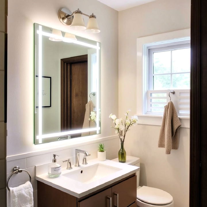 large mirror to enhance light and space in bathroom