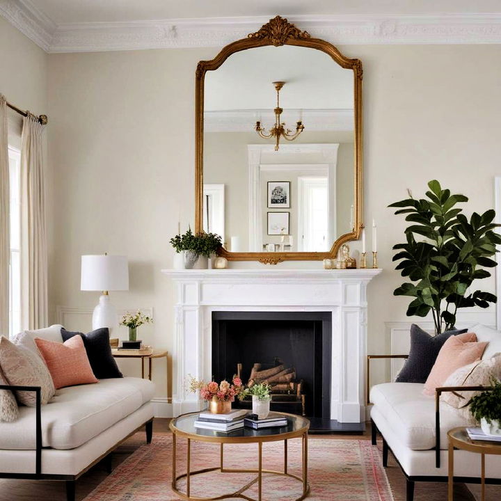 large statement mirror with bold frame for fireplace