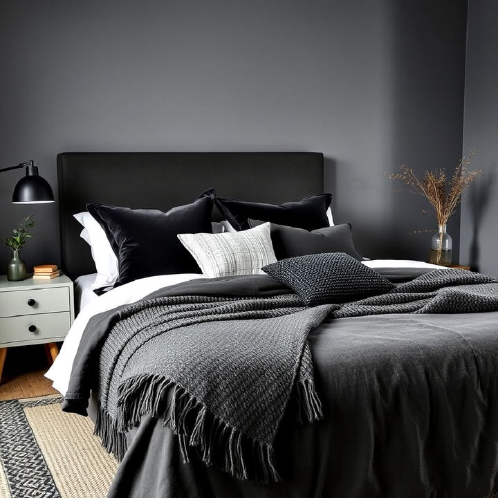 layer charcoal with textured fabrics in bedroom