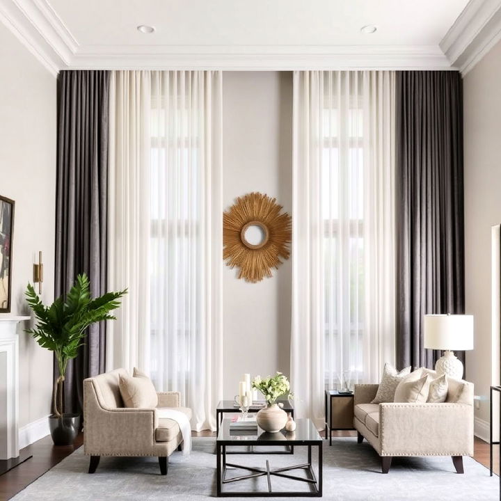 layer curtains for high ceiling tall wall