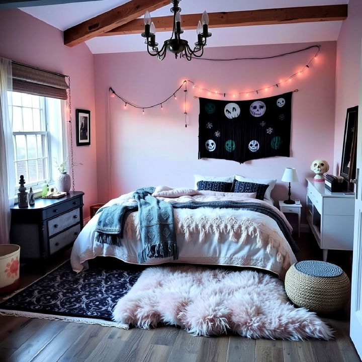 layer rugs with soft textures for pastel goth bedroom