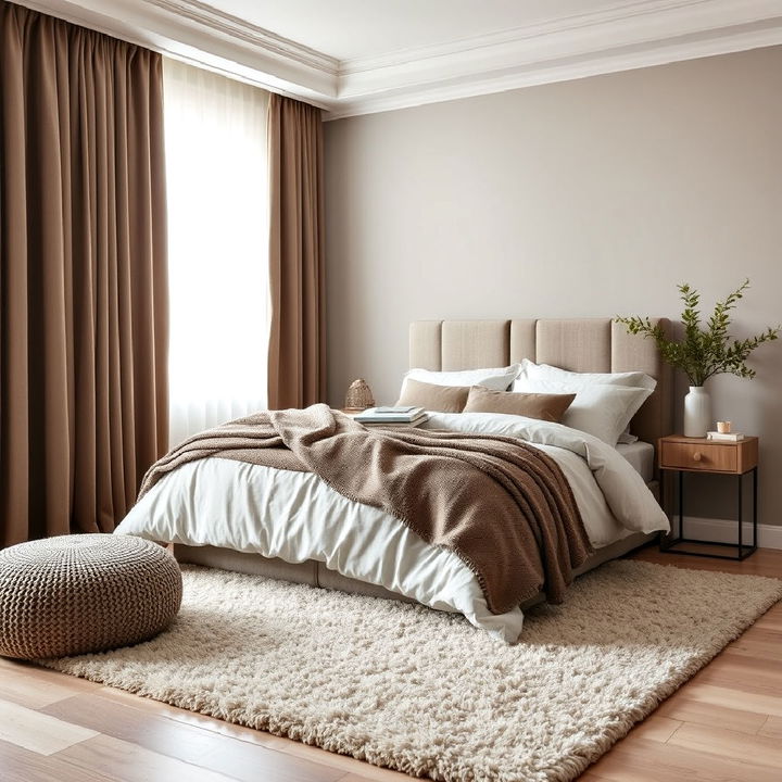 layer taupe tones with textures in bedroom