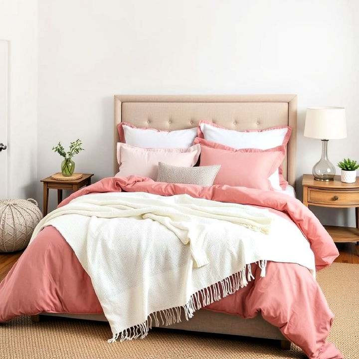 layered dusty rose bedding idea