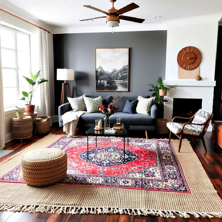 layered rug to create a visual depth in living room