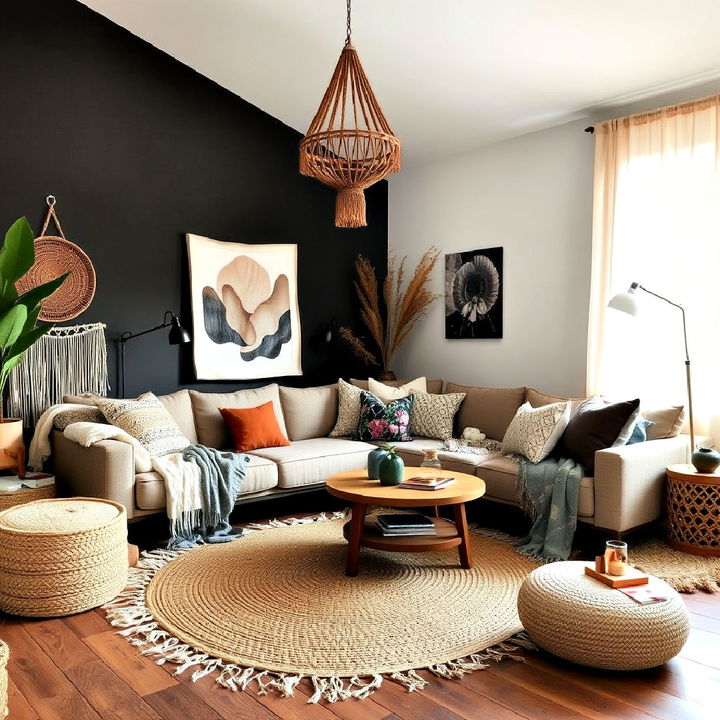 layered textures for moody boho living room